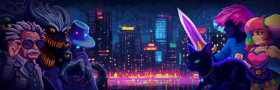 Hikki Life key art: the hero, the talking cat, their friends and enemies above a night city